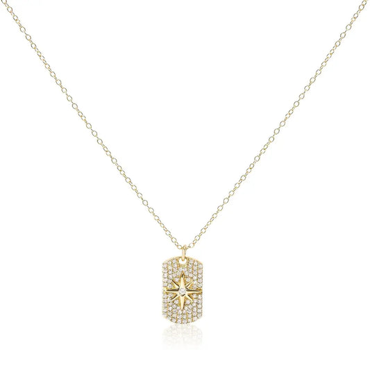 18k yellow gold plated.925 sterling silver 3/8 cttw diamond north star dog tag 18’’ inch pendant necklace (i j color i2 i3