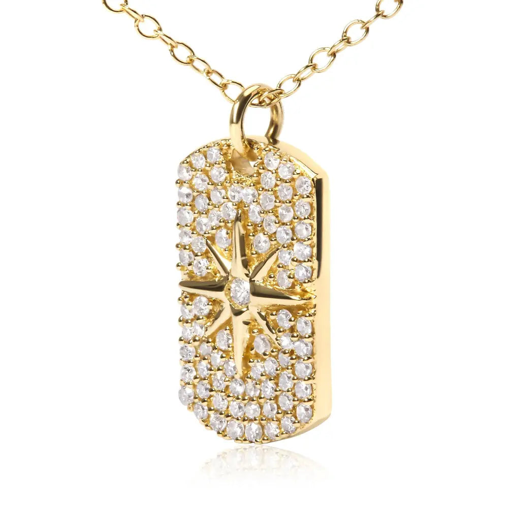 18k yellow gold plated.925 sterling silver 3/8 cttw diamond north star dog tag 18’’ inch pendant necklace (i j color i2 i3