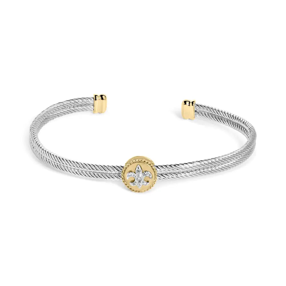 18k gold plated silver diamond fleur di lis medallion bangle bracelet bijoux-nyc direct