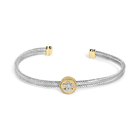 18K Yellow Gold Plated .925 Sterling Silver Diamond Accent and Fleur Di Lis Medallion Bangle Bracelet (I-J Color, SI1-SI2 Clarity) - 7.25 Inches - Bijoux-NYC Direct