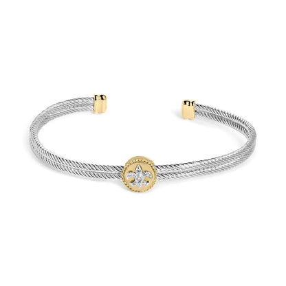 18K Yellow Gold Plated .925 Sterling Silver Diamond Accent and Fleur Di Lis Medallion Bangle Bracelet (I-J Color, SI1-SI2 Clarity) - 7.25 Inches - Bijoux-NYC Direct