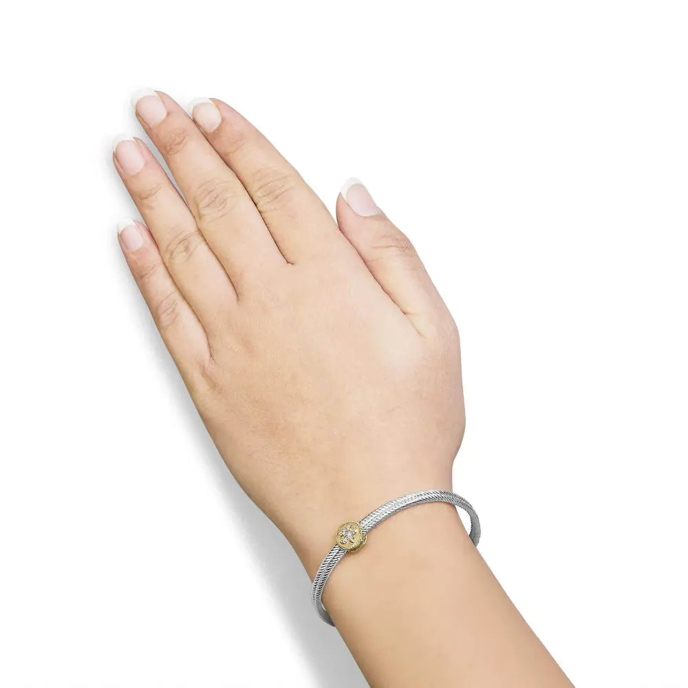 18K Yellow Gold Plated .925 Sterling Silver Diamond Accent and Fleur Di Lis Medallion Bangle Bracelet (I-J Color, SI1-SI2 Clarity) - 7.25 Inches - Bijoux-NYC Direct