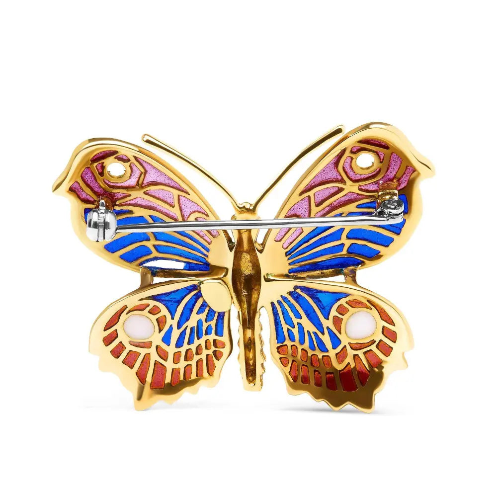 18K Yellow Gold Red, Blue, and White Enameled Butterfly Brooch Pin - Bijoux-NYC Direct