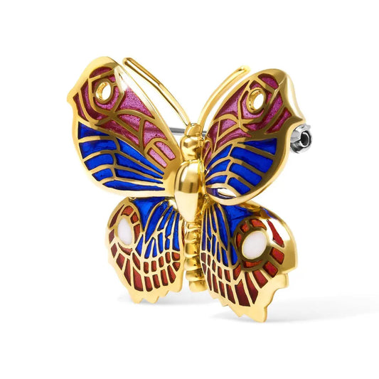 18K Yellow Gold Red, Blue, and White Enameled Butterfly Brooch Pin - Bijoux-NYC Direct