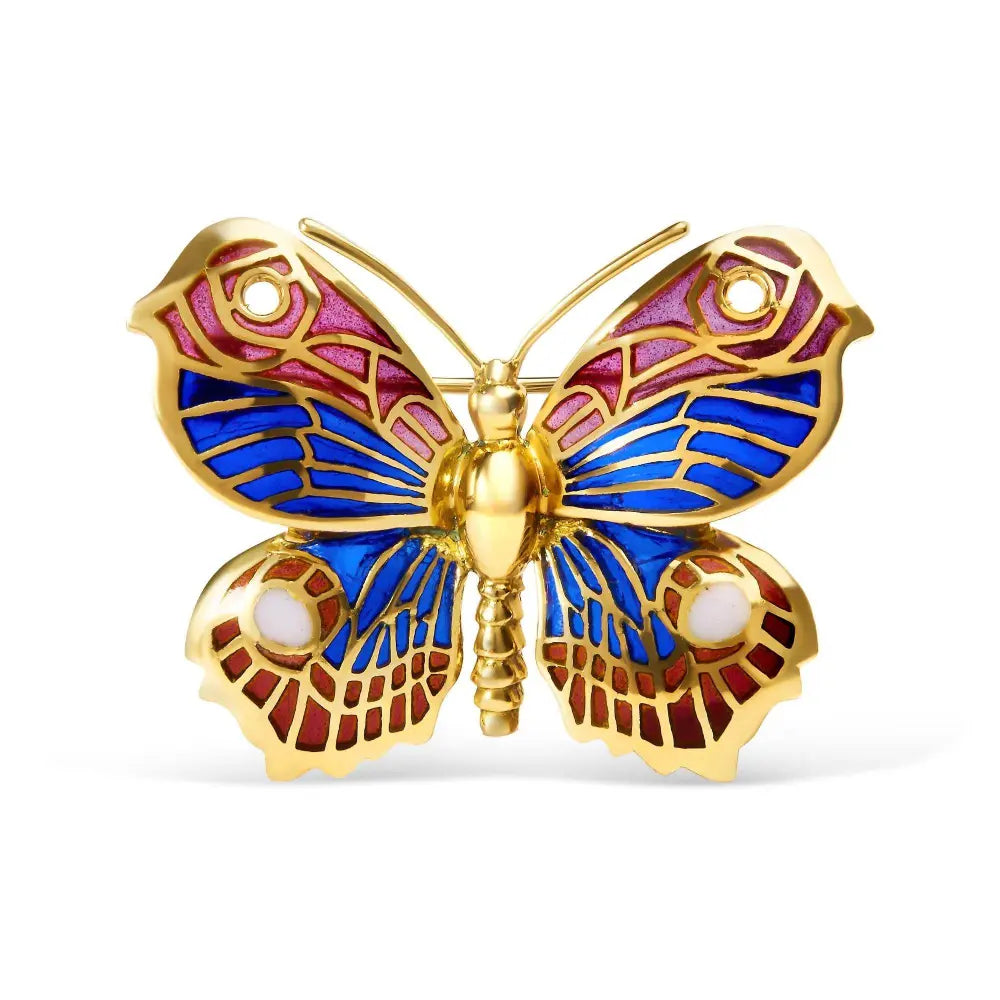 18K Yellow Gold Red, Blue, and White Enameled Butterfly Brooch Pin - Bijoux-NYC Direct