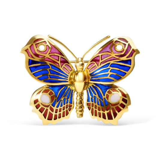 18K Yellow Gold Red, Blue, and White Enameled Butterfly Brooch Pin - Bijoux-NYC Direct