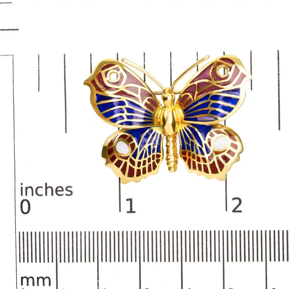 18K Yellow Gold Red, Blue, and White Enameled Butterfly Brooch Pin - Bijoux-NYC Direct
