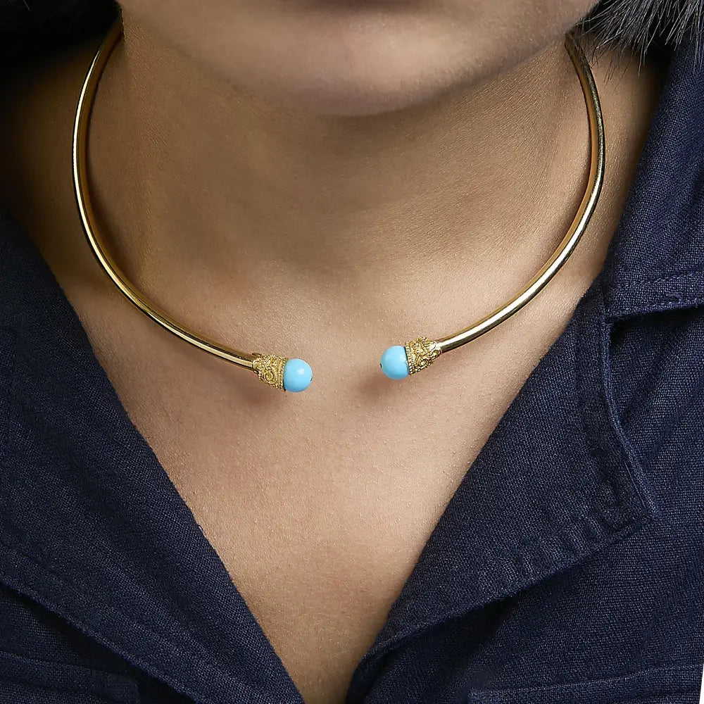 18k yellow gold sculpted collar necklace with turquoise cabochons 16 inch bijoux-nyc direct