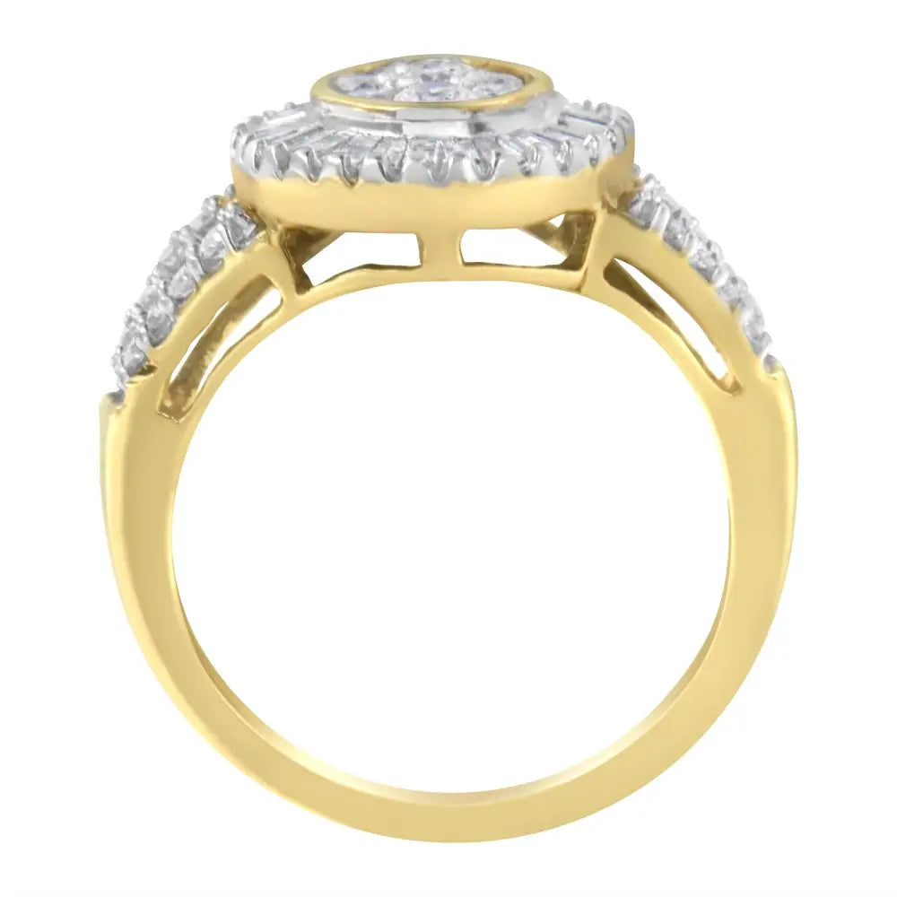 1ct tw diamond oval cluster and baguette halo ring in 10kt yellow gold bijoux-nyc direct
