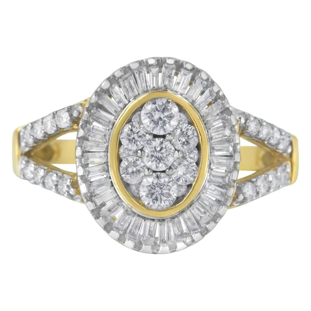 1ct tw diamond oval cluster and baguette halo ring in 10kt yellow gold bijoux-nyc direct