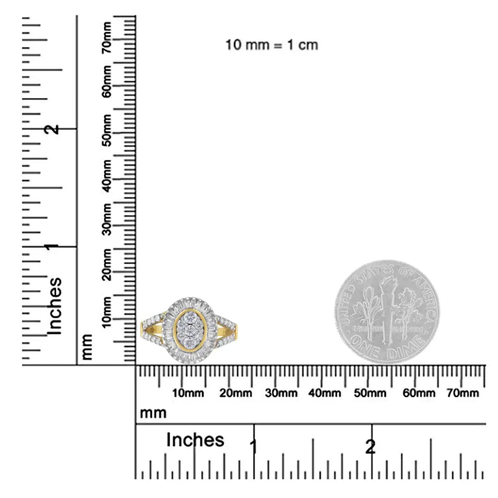 1ct tw diamond oval cluster and baguette halo ring in 10kt yellow gold bijoux-nyc direct