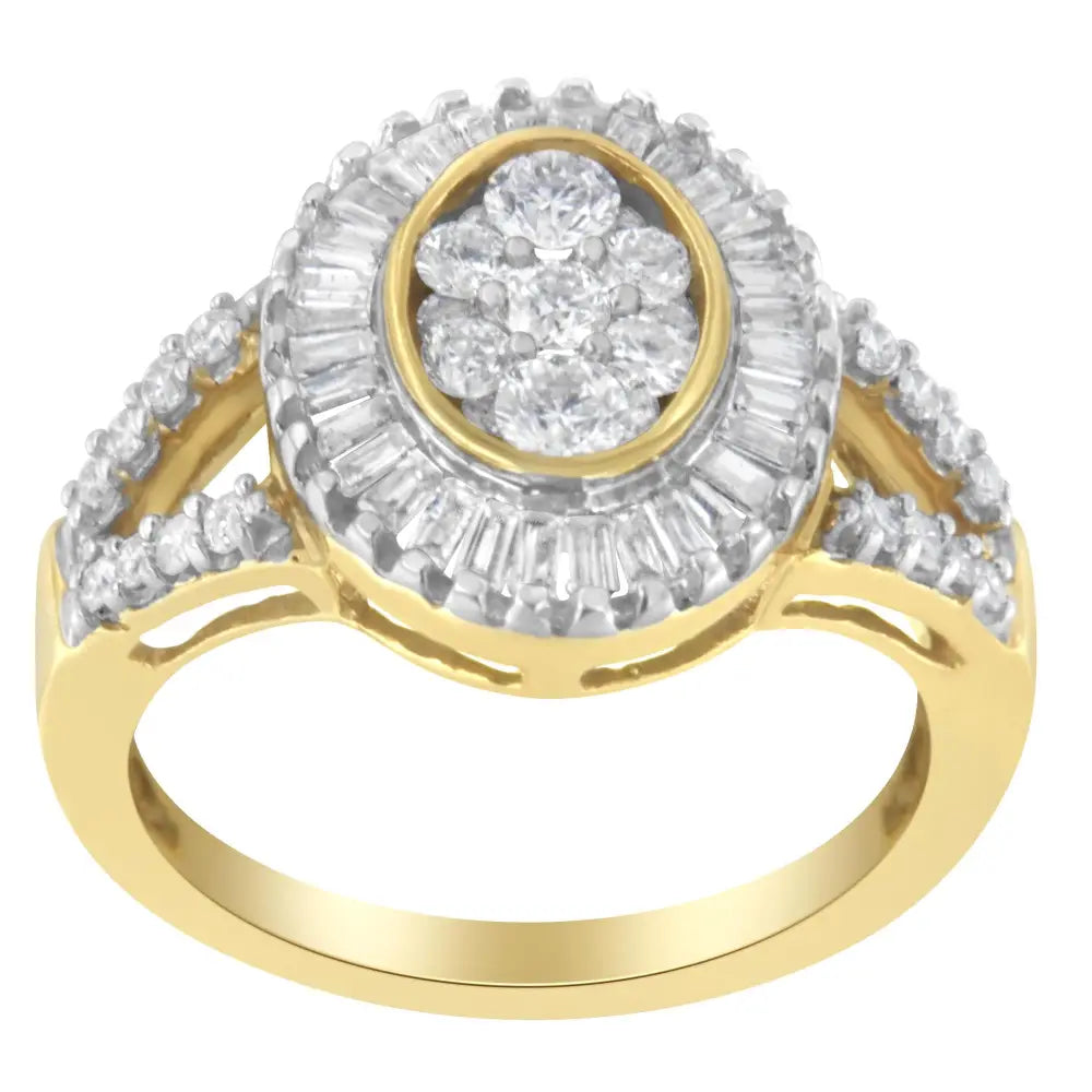 1ct tw diamond oval cluster and baguette halo ring in 10kt yellow gold bijoux-nyc direct