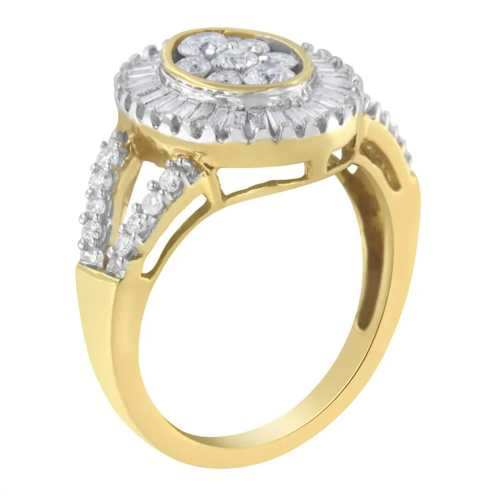 1ct tw diamond oval cluster and baguette halo ring in 10kt yellow gold bijoux-nyc direct