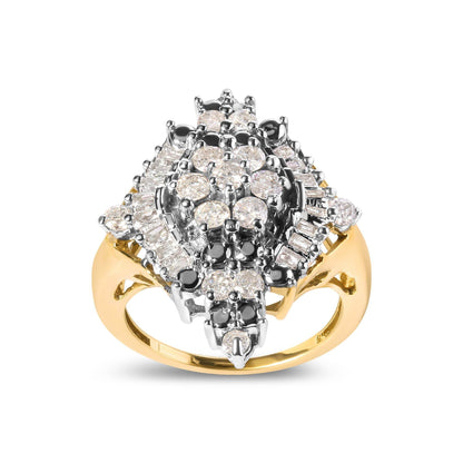 10K Yellow Gold 1 Cttw Round and Baguette cut Diamond Cluster and Rhombus Halo Ring (H-I Color, I1-I2 Clarity) - Bijoux-NYC Direct