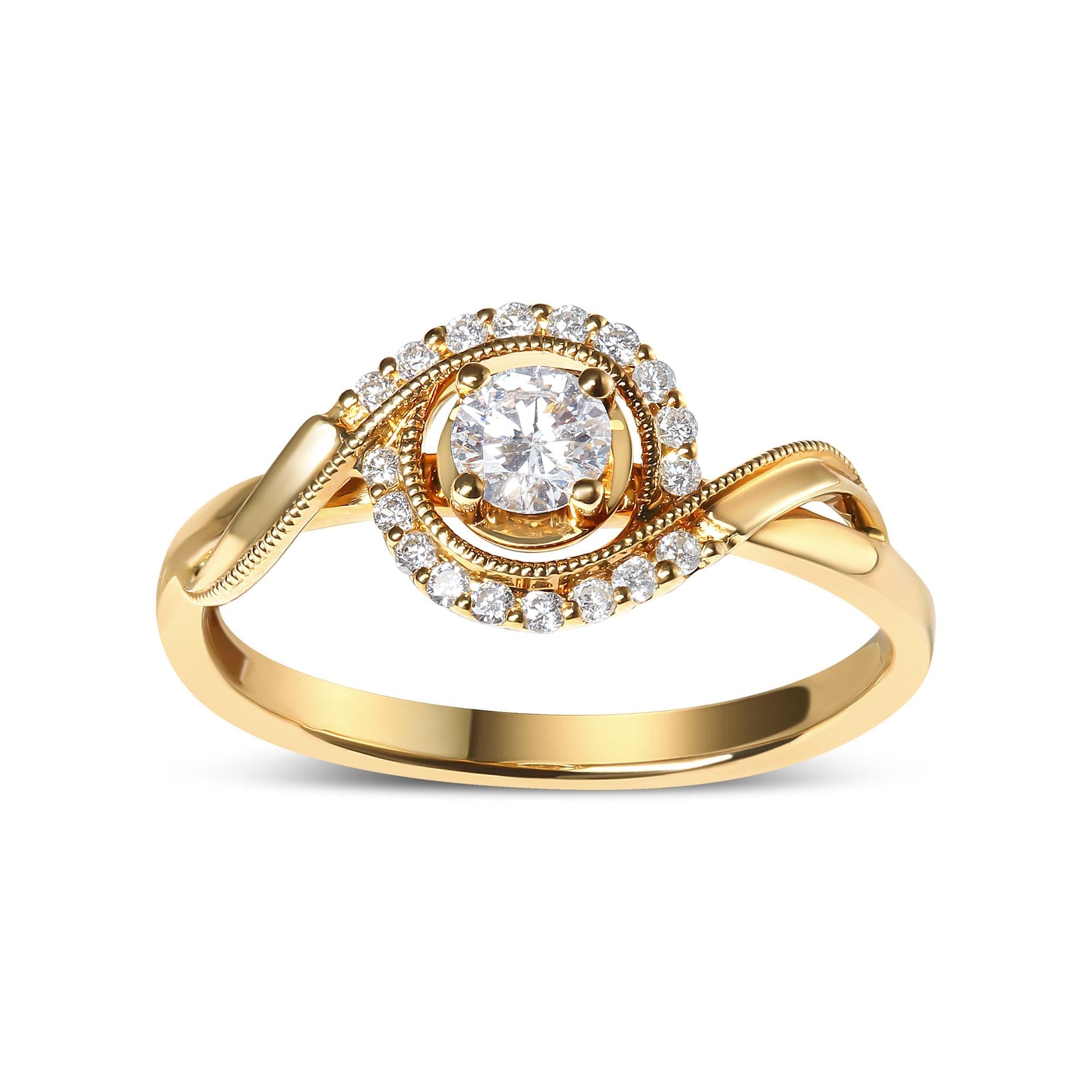 14K Yellow Gold 1/3 Cttw Diamond Solitaire and Halo Swirl Engagement Ring (G-H, VS2–SI1) – Size 7