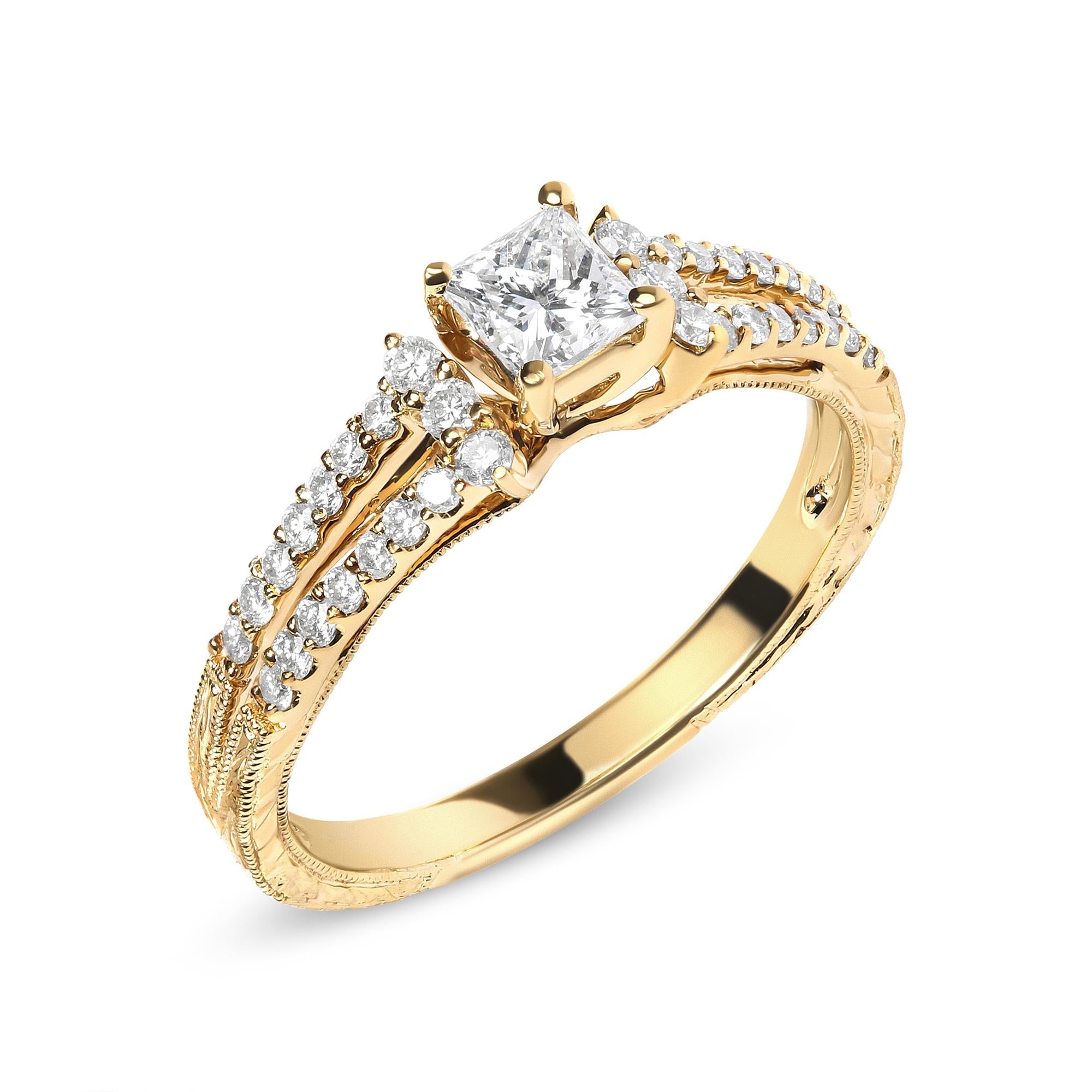 Engagement gold ring with a diamond on a white background