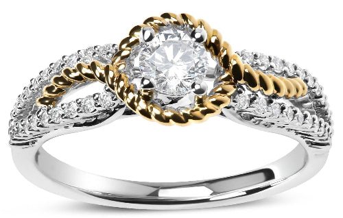 Two-tone diamond ring with gold and silver bands on a white background