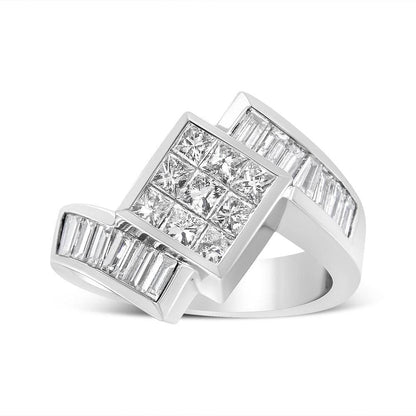 14K White Gold 2 1/5 Cttw Invisible-Set Princess and Channel-Set Baguette Diamond Bypass Kite-Set Ring (G-H Color, VS2-SI1 Clarity) - Bijoux-NYC Direct