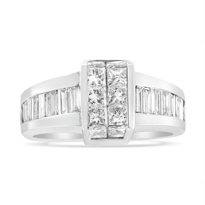 14K White Gold 2 3/4 Cttw Invisible-Set Princess and Channel-Set Baguette Diamond Step Up Cocktail Ring (G-H Color, SI1-SI2 Clarity) - Bijoux-NYC Direct