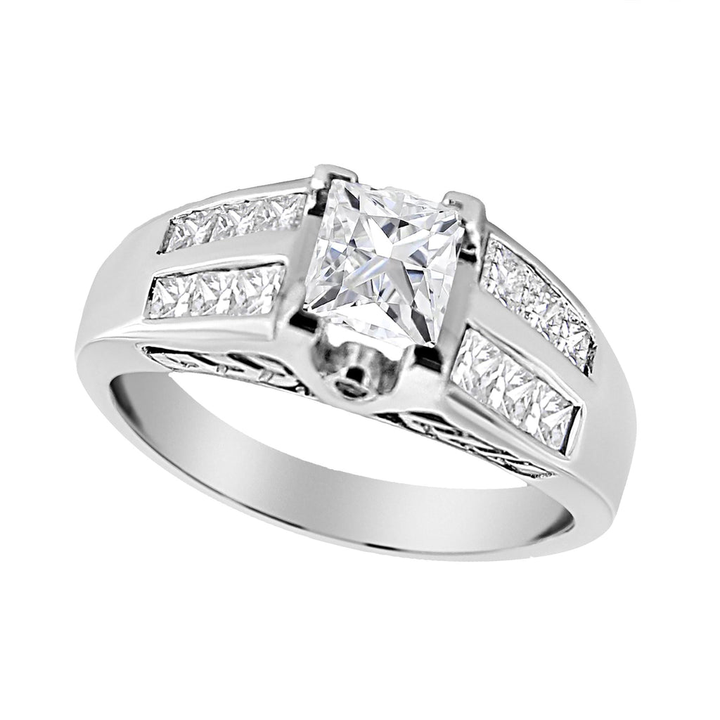 Diamond ring with a central gemstone and smaller diamonds on a white background