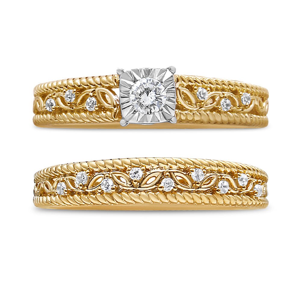 Gold wedding bands with diamond accents on a white background