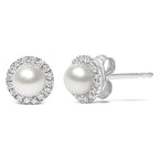 Pearl stud earrings with diamond accents on a white background