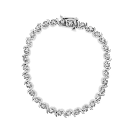 .925 Sterling Silver 1.0 Cttw Diamond Spiral Wave Curved-Link 7" Tennis Bracelet (I-J Color, I3 Clarity)