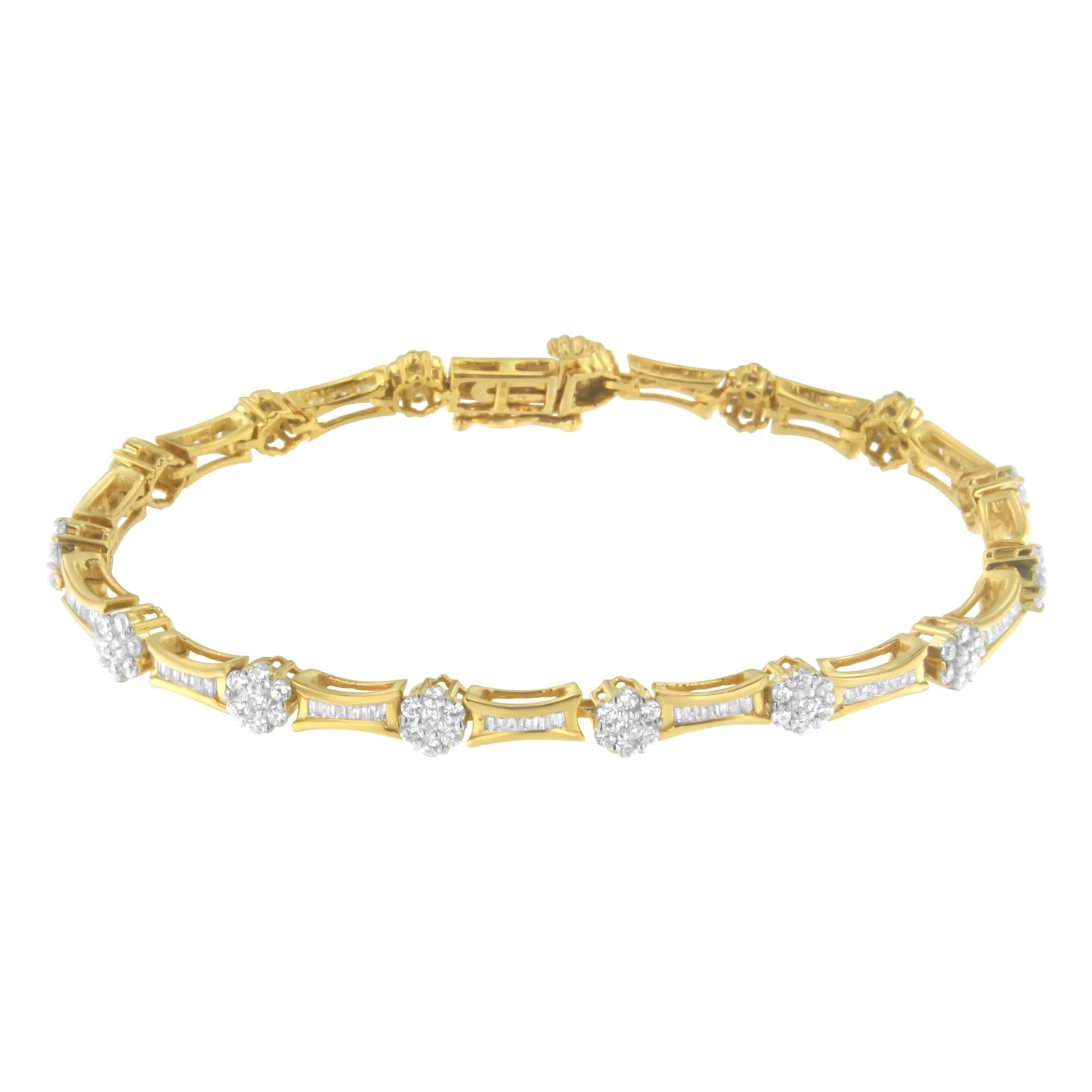 10K Yellow and White Gold 2.00 cttw Round and Baguette-Cut Diamond Link Bracelet (I-J Color, I2-I3 Clarity) - Size 7.25" - Bijoux-NYC Direct