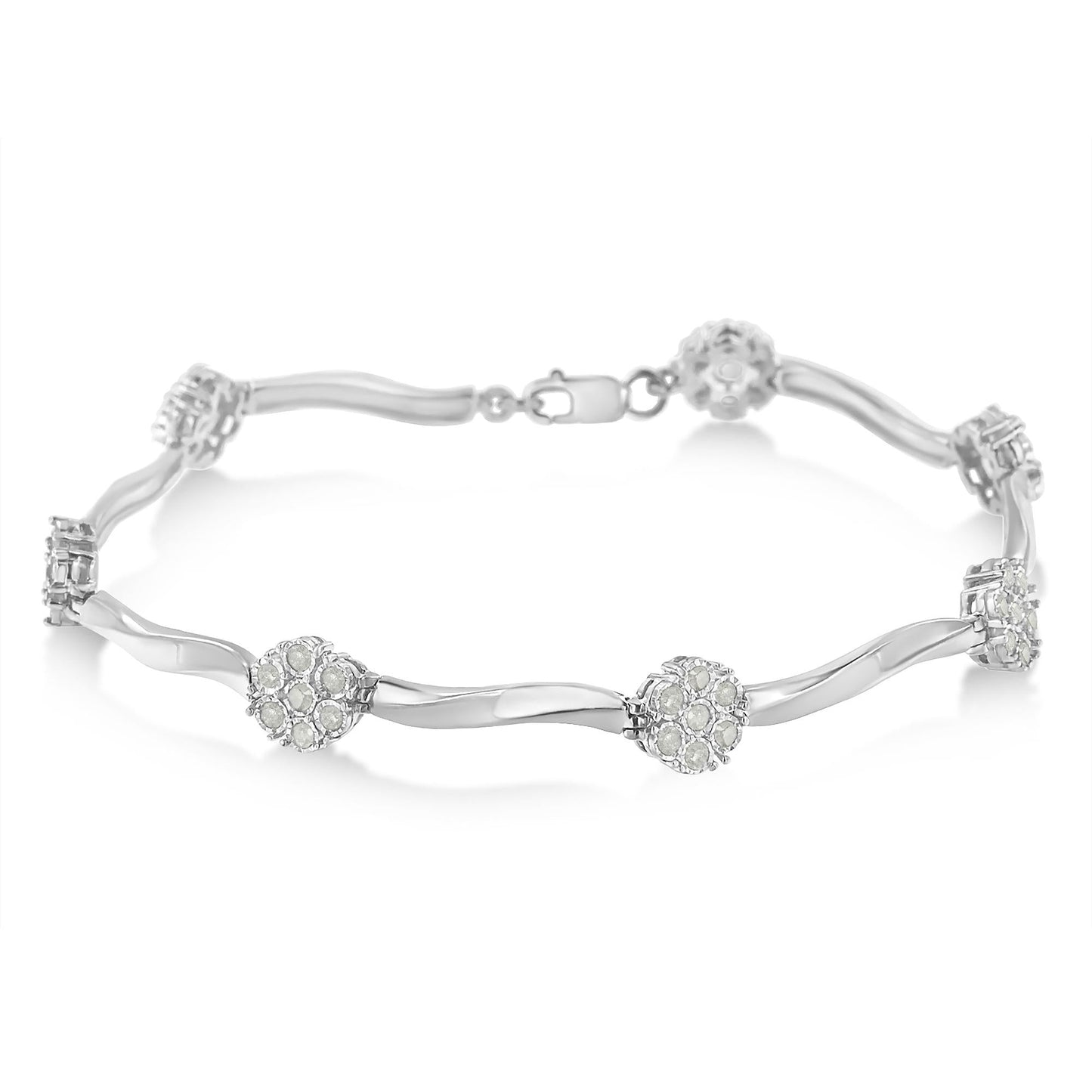 .925 Sterling Silver 1.0 Cttw Diamond Cluster Miracle-Set Station & Twisted Bar 7" Tennis Bracelet (H-I Color, I1-I2 Clarity) - Bijoux-NYC Direct