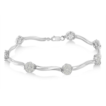 .925 Sterling Silver 1.0 Cttw Diamond Cluster Miracle-Set Station & Twisted Bar 7" Tennis Bracelet (H-I Color, I1-I2 Clarity) - Bijoux-NYC Direct