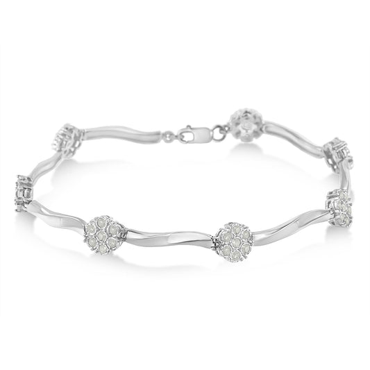 .925 Sterling Silver 1.0 Cttw Diamond Cluster Miracle-Set Station & Twisted Bar 7" Tennis Bracelet (H-I Color, I1-I2 Clarity) - Bijoux-NYC Direct