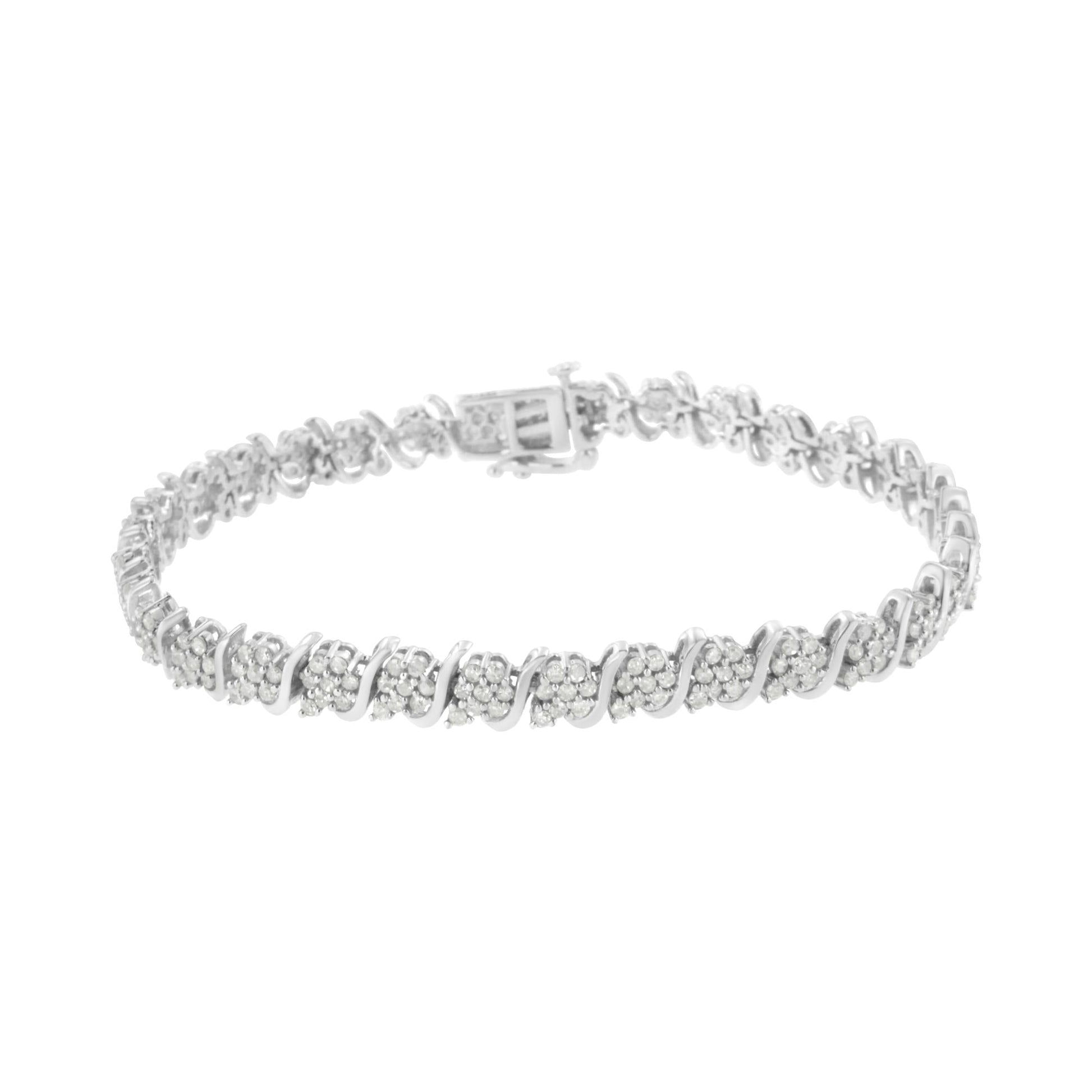 .925 Sterling Silver Diamond Floral Cluster Link Bracelet (2 3/4 cttw, I-J Color, I3 Clarity) - Size 7.25" - Bijoux-NYC Direct