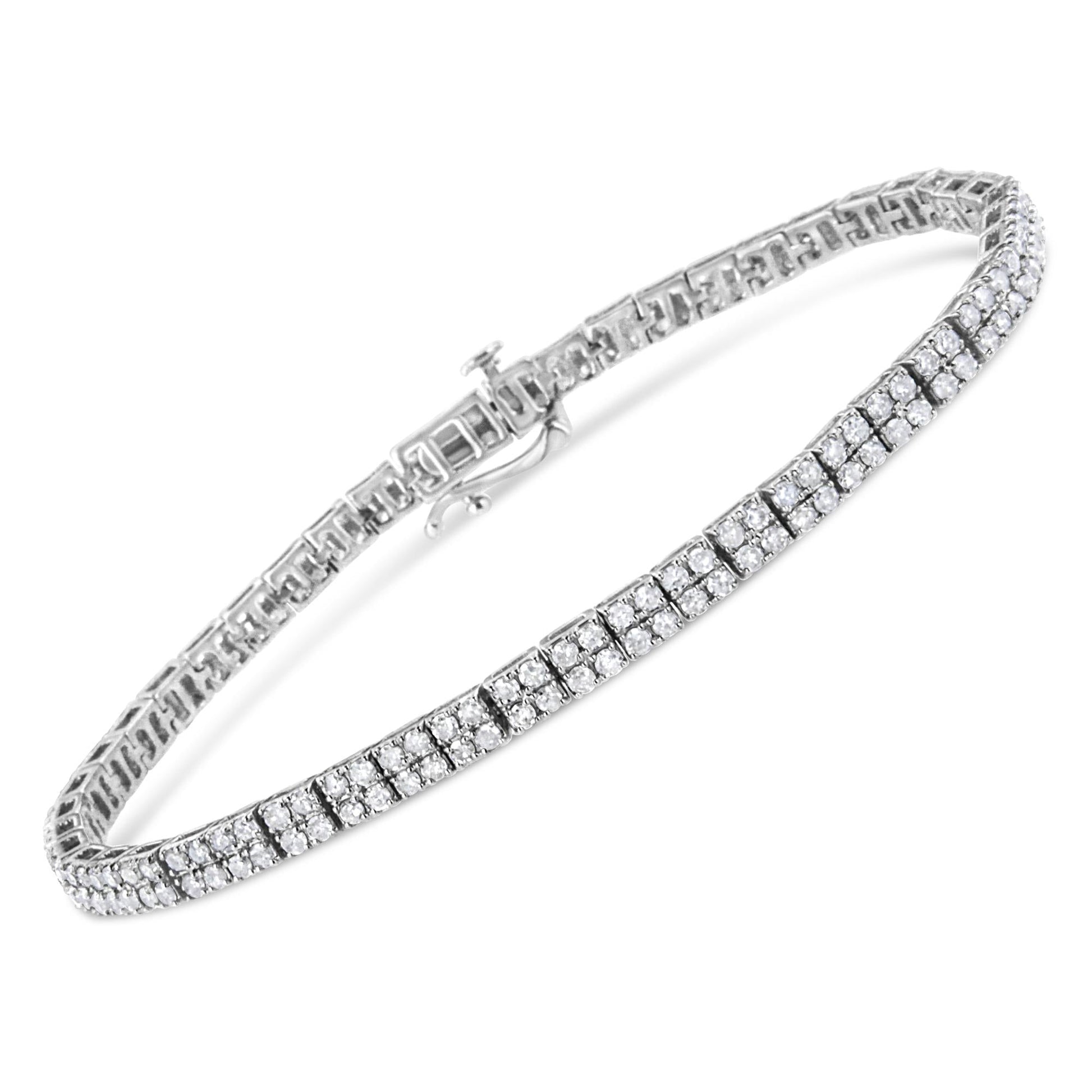 .925 Sterling Silver 3.0 Cttw Prong-Set Round Diamond 2 Row Link Tennis Bracelet (I-J Color, I3 Clarity) - 7.25" - Bijoux-NYC Direct