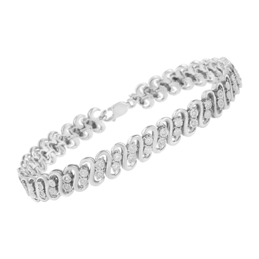 .925 Sterling Silver 1/4 cttw Round-Cut Diamond Double Row Wrapped S-Link Bracelet (I-J Color, I2-I3 Clarity) - Size 7.25" - Bijoux-NYC Direct