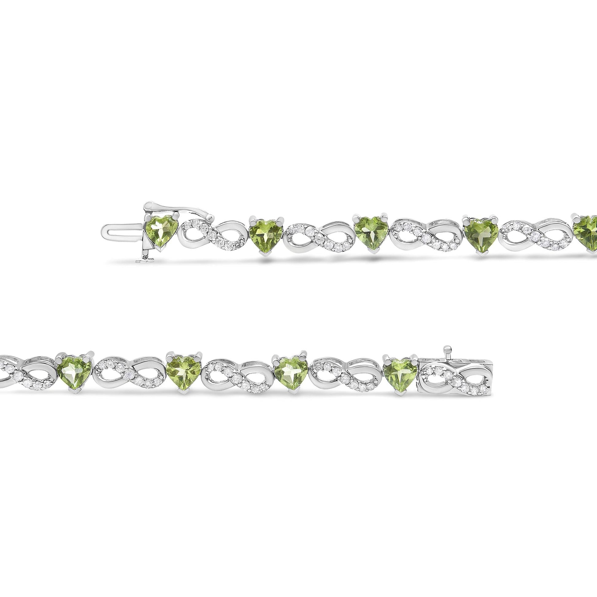 .925 Sterling Silver 1.00 Cttw Diamond and 4.00mm Lab Created Green Heart-Shaped Peridot Infinity Link Bracelet (I-J Color, I2-I3 Clarity) - 7.25" - Bijoux-NYC Direct
