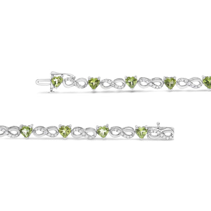 .925 Sterling Silver 1.00 Cttw Diamond and 4.00mm Lab Created Green Heart-Shaped Peridot Infinity Link Bracelet (I-J Color, I2-I3 Clarity) - 7.25" - Bijoux-NYC Direct