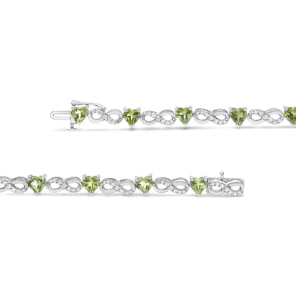 .925 Sterling Silver 1.00 Cttw Diamond and 4.00mm Lab Created Green Heart-Shaped Peridot Infinity Link Bracelet (I-J Color, I2-I3 Clarity) - 7.25" - Bijoux-NYC Direct