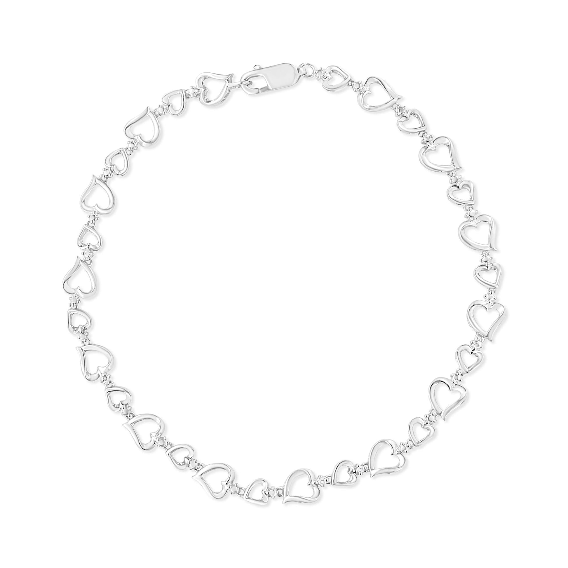 .925 Sterling Silver Prong Set Diamond Accent Alternating Heart Link Bracelet (I-J Color, I3 Clarity) - 7.25" Inches - Bijoux-NYC Direct