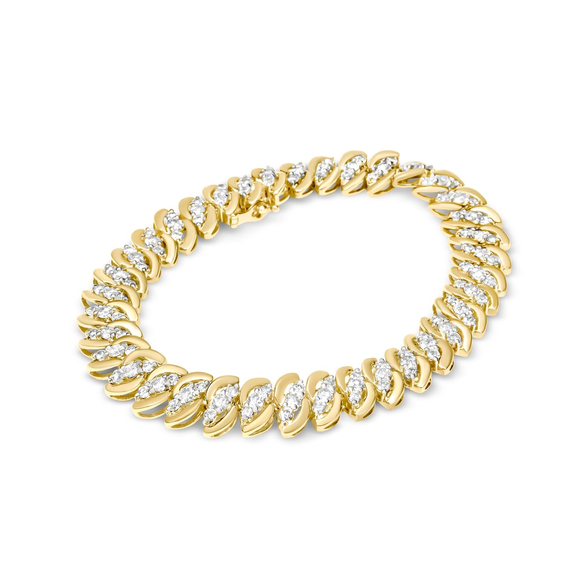 10K Yellow Gold 5.0 Cttw Diamond Double Row S-Link Cuban Bracelet (J-K Color, I2-I3 Clarity) - 7.25" Inches - Bijoux-NYC Direct