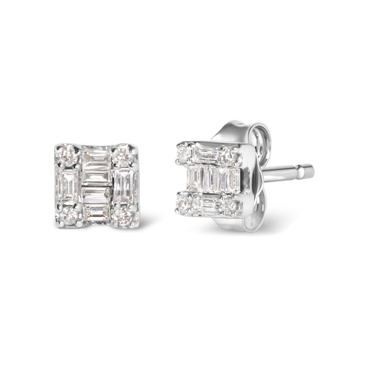 10K White Gold 1/7 Cttw Round and Baguette Diamond Mosaic Square Stud Earrings (H-I Color, I1-I2 Clarity) - Bijoux-NYC Direct