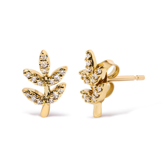 10K Yellow Gold 1/10 Cttw Diamond Accented Leaf and Branch Stud Earrings (H-I Color, I1-I2 Clarity) - Bijoux-NYC Direct