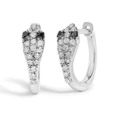 Pair of silver hoop earrings with black and clear gemstones on a white background