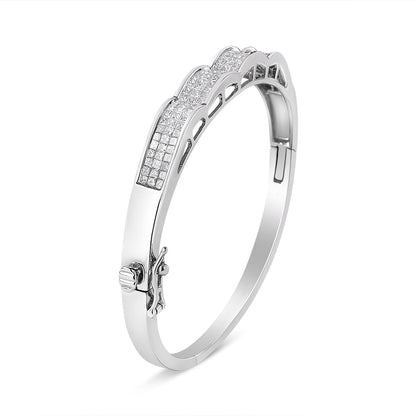 14K White Gold 3 1/3 Cttw Invisible Set Princess-Cut Diamond Wave Bangle Bracelet (H-I Color, SI1-SI2 Clarity) - Size 7" - Bijoux-NYC Direct