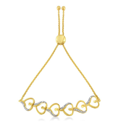 10K Yellow Gold over .925 Sterling Silver Diamond Accented Open Hearts 6”-9” Adjustable Chain Bolo Bracelet (H-I Color, I2-I3 Clarity) - Bijoux-NYC Direct
