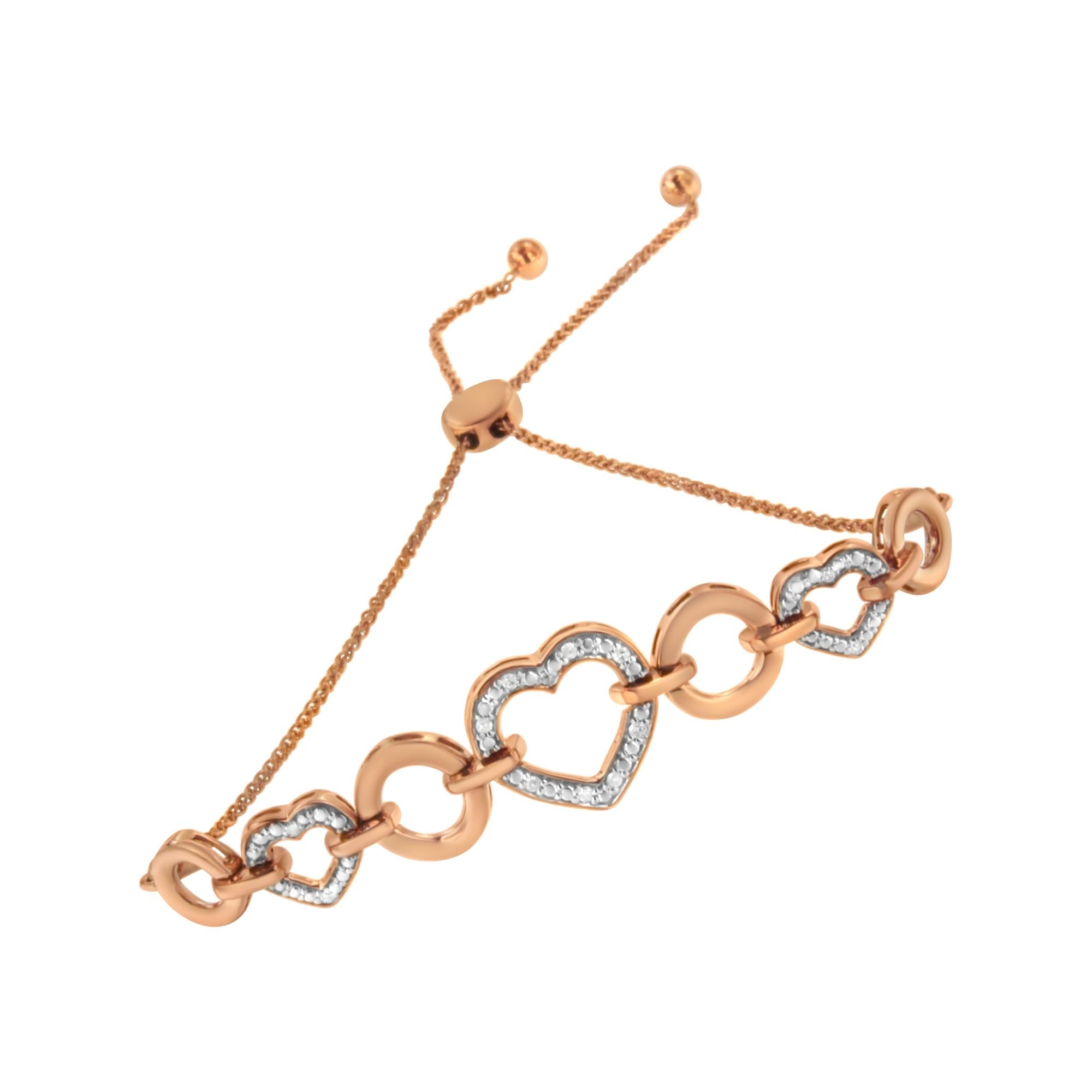 Rose gold bracelet with heart-shaped links on a white background