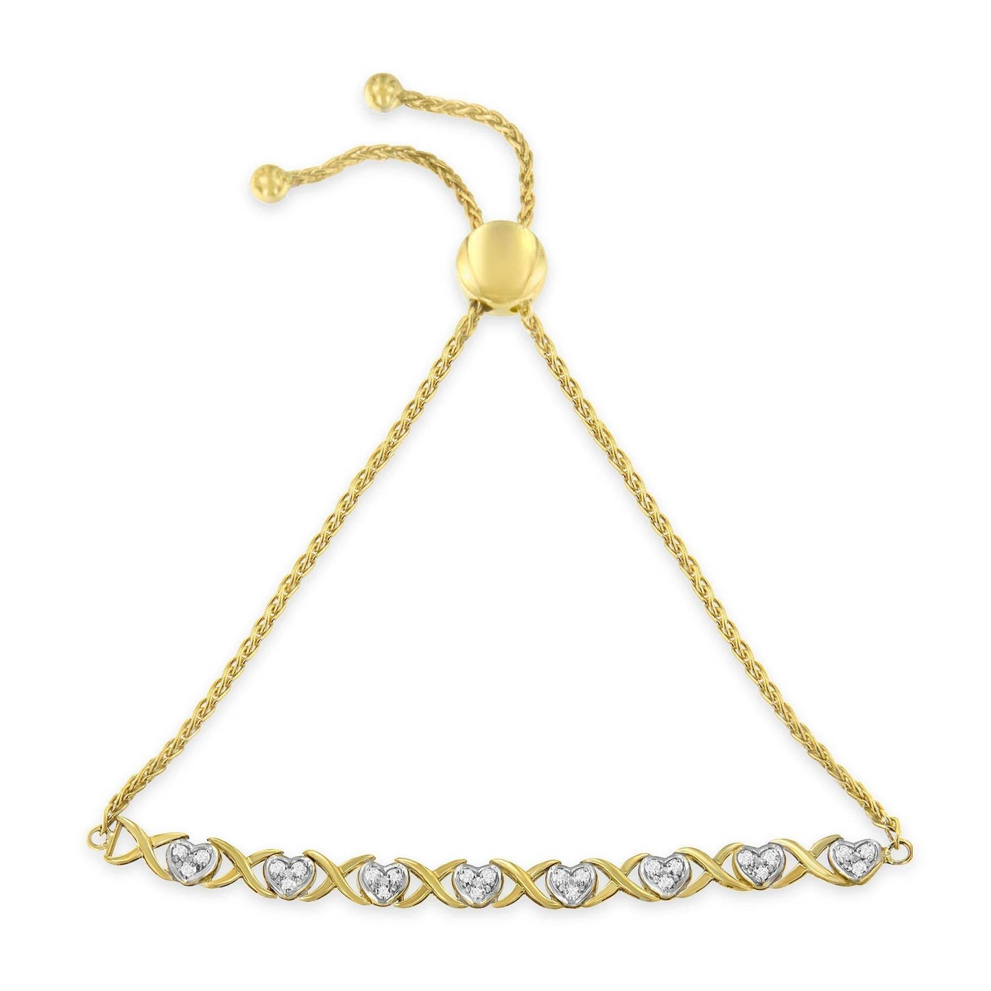 10K Yellow Gold over .925 Sterling Silver 1/10 Cttw Diamond Heart and X-Link 6”-9” Adjustable Bolo Bracelet (H-I Color, I2-I3 Clarity) - Bijoux-NYC Direct