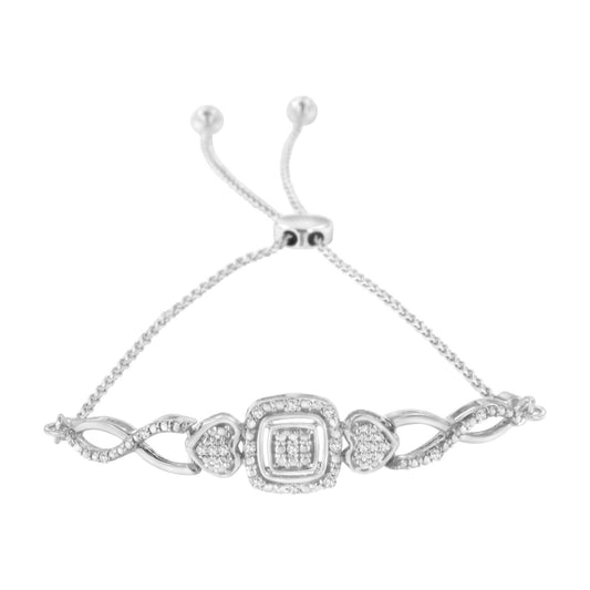 .925 Sterling Silver Diamond Cushion Frame Heart-Sides Twist 4”-10” Adjustable Bolo Tennis Bolo Bracelet (I-J Color, I3 Clarity) - Bijoux-NYC Direct