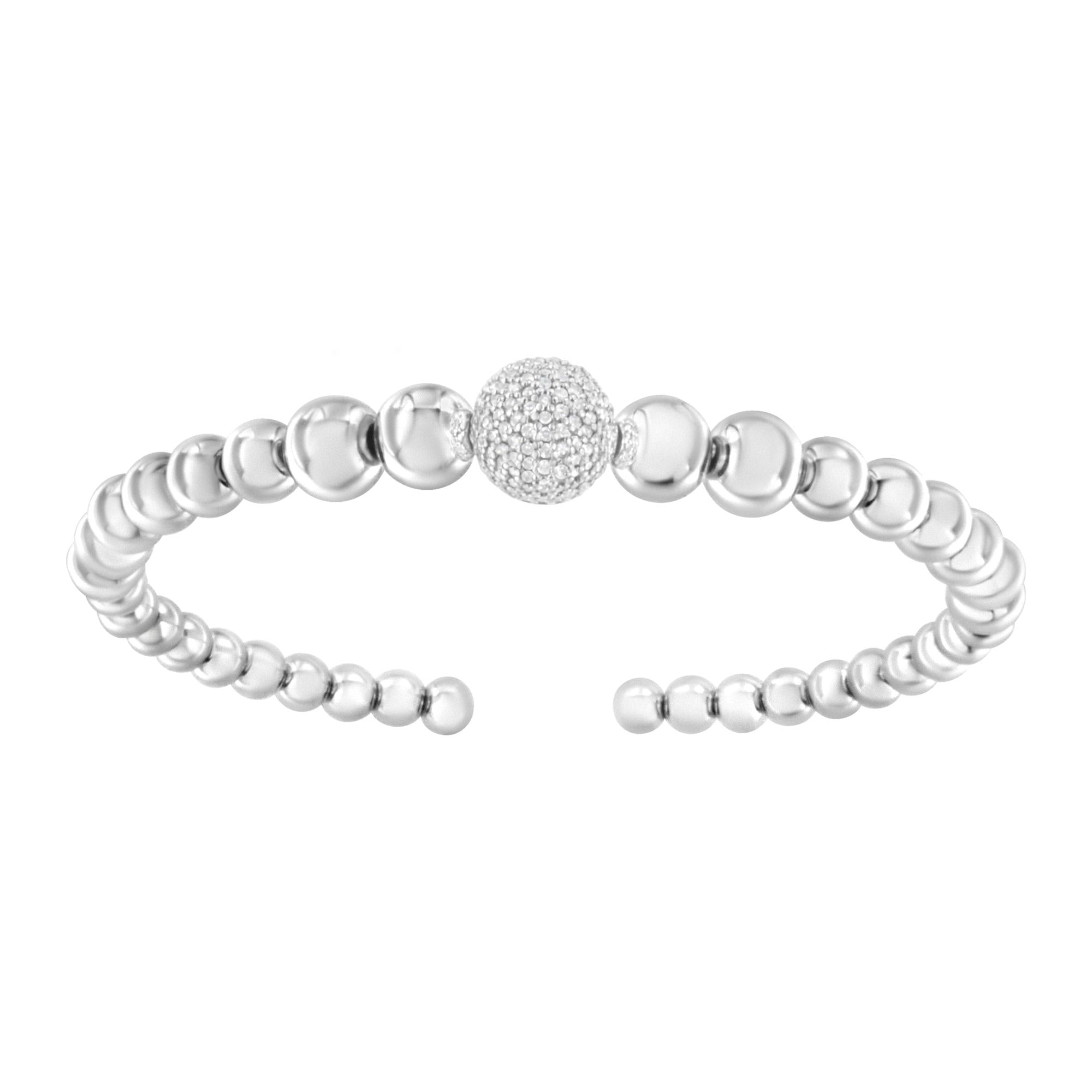 Silver beaded bracelet with a textured clasp on a white background