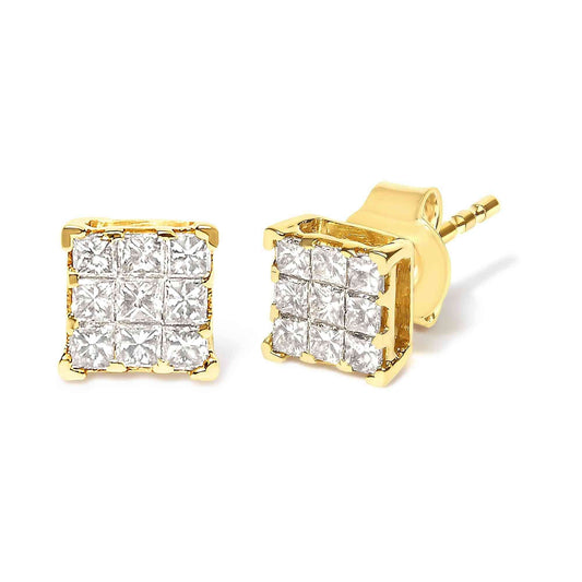 14K Yellow Gold 1/2 Cttw Invisible Set Princess-Cut Diamond 9 Stone Square Stud Earrings (J-K Color, SI2-I1 Clarity) - Bijoux-NYC Direct