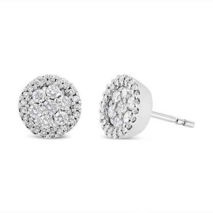 14K White Gold 1.0 Cttw Brilliant-Cut Diamond Halo-Style Cluster Round Button Stud Earrings (H-I Color, I1-I2 Clarity) - Bijoux-NYC Direct